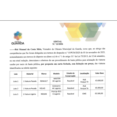 Edital N.º 12/2026 - Hasta pública para alienação de viaturas usadas