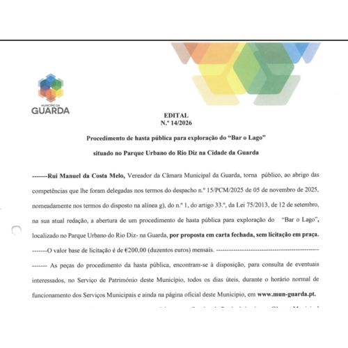 Edital N.º 14/2026 - Procedimento de hasta pública para exploração do "Bar do Lago"
