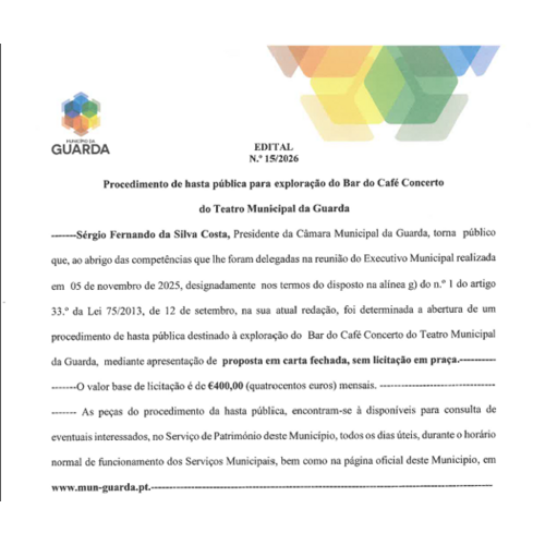 Edital N.º 15/2026 - Procedimento de hasta pública para exploração do Bar do Café Concerto do Teatro Municipal da Guarda